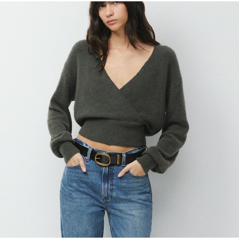 Aritzia Wilfred SoftSpoke Dear Wrap Sweater Cashmere Blend Flint Green S